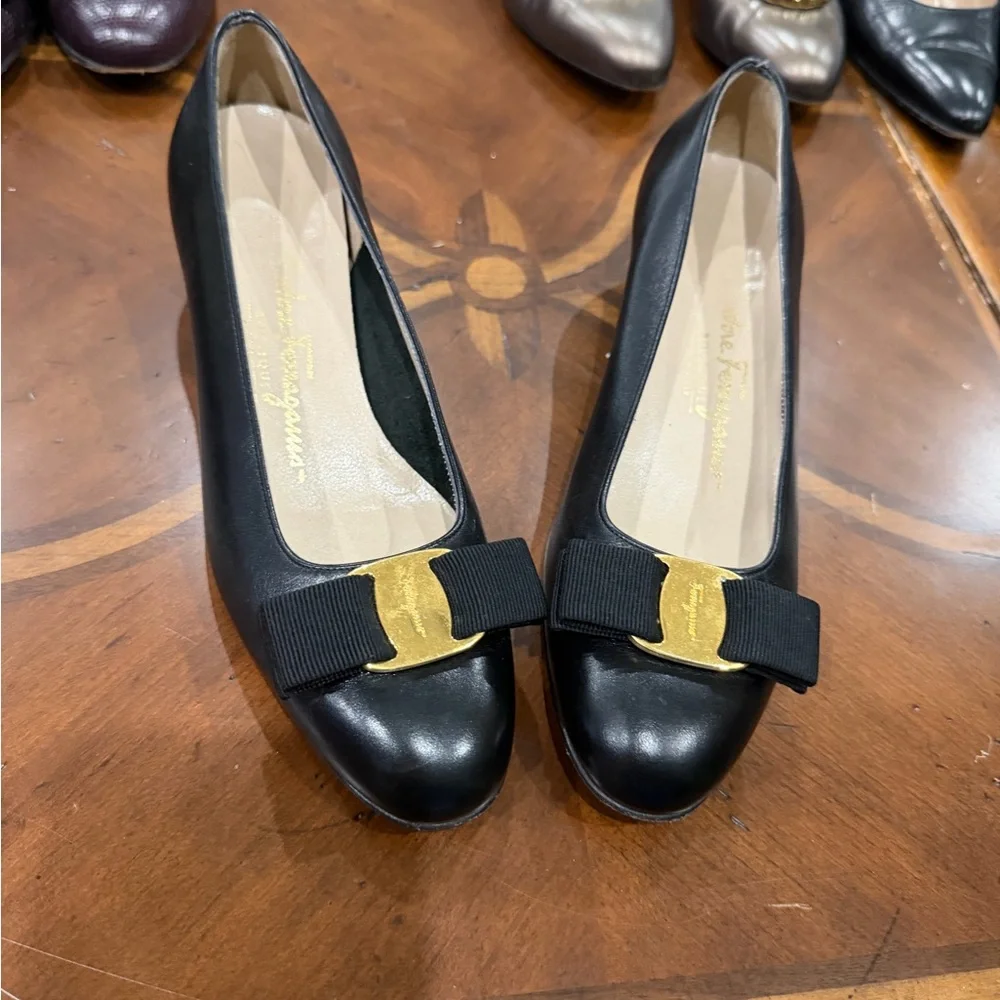 Salvatore Ferragamo Black Flats with Gold‎ Buckle